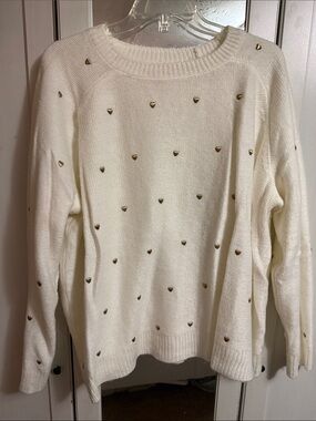 Lucky Brand Cream Crewneck Sweater with Gold Heart Studs